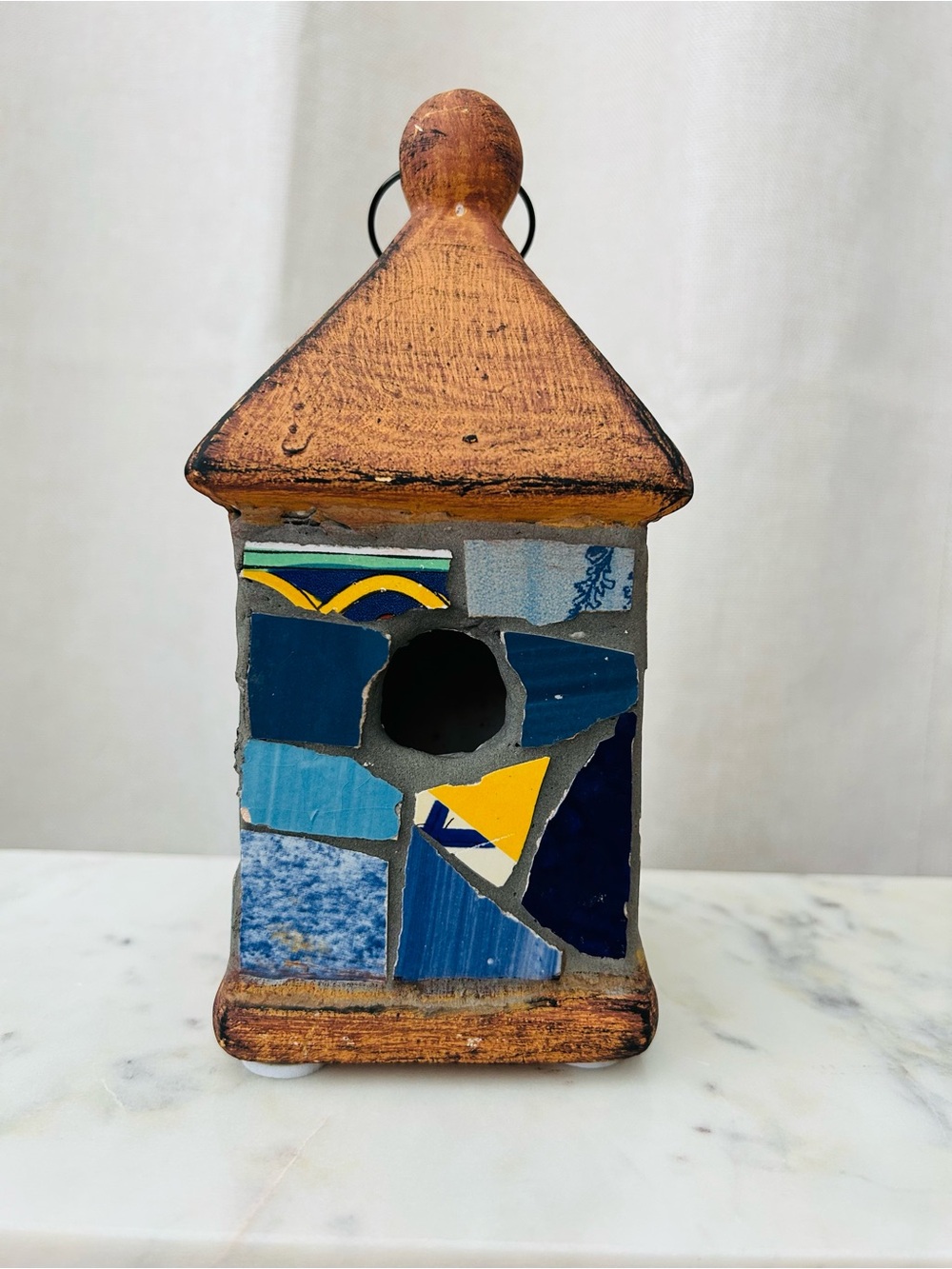 Handmade Mosaic Blue & Yellow Birdhouse Decor - Unbranded